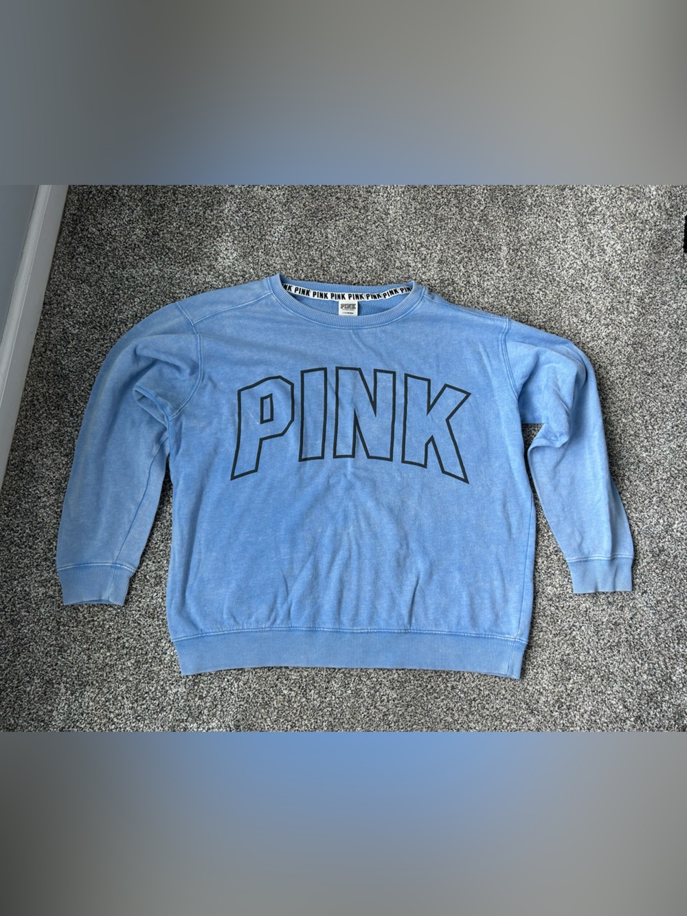 Victoria's Secret PINK Light Blue Acid Wash Crew Neck Sweatshirt with Logo Trim